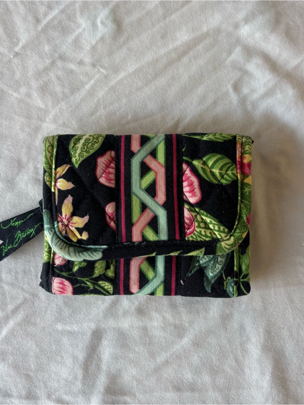 Vera Bradley Botanica Quilted Floral Trifold Wallet with Pink & Green Accents